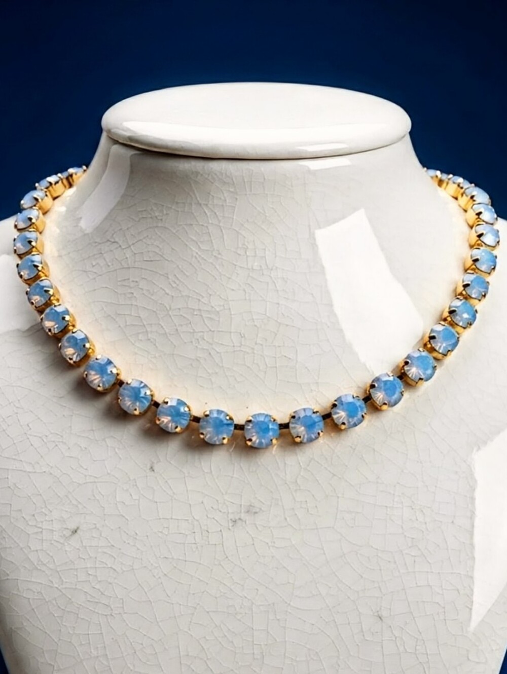 Light Blue Sapphire Opal Swarovski Crystals In Classic Gold Plated Necklace